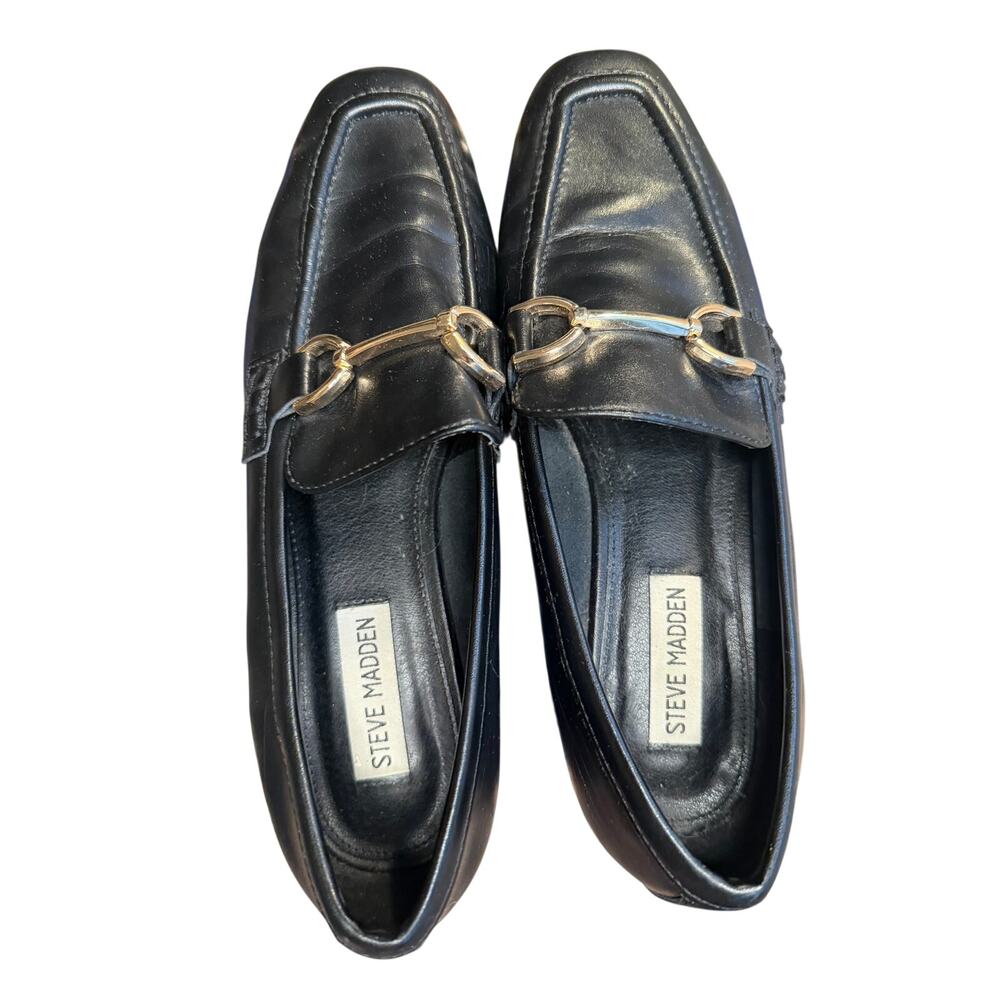 Steve Madden Hartlyn Black Leather Horsebit Loafers | Size 8.5 M | Gold Bit - Picture 4 of 7